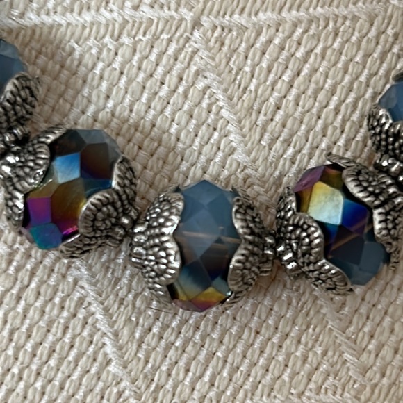 Glass Neon Blue Stirling Silver Beaded Stretchy Bracelet - Picture 2 of 4